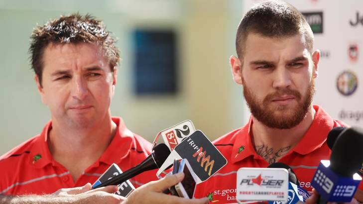 New Dragons signing Josh Dugan at a press conference with coach Steve Price. Photo: Chrisopher Lane