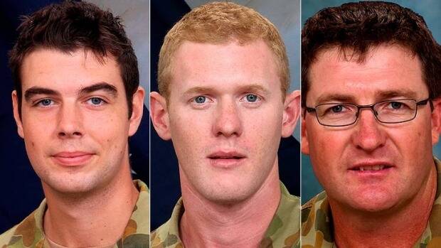 Slain Queensland soldiers Sapper James Martin, Private Robert Poate and Lance Corporal Stjepan Milosevic. Photo: Supplied