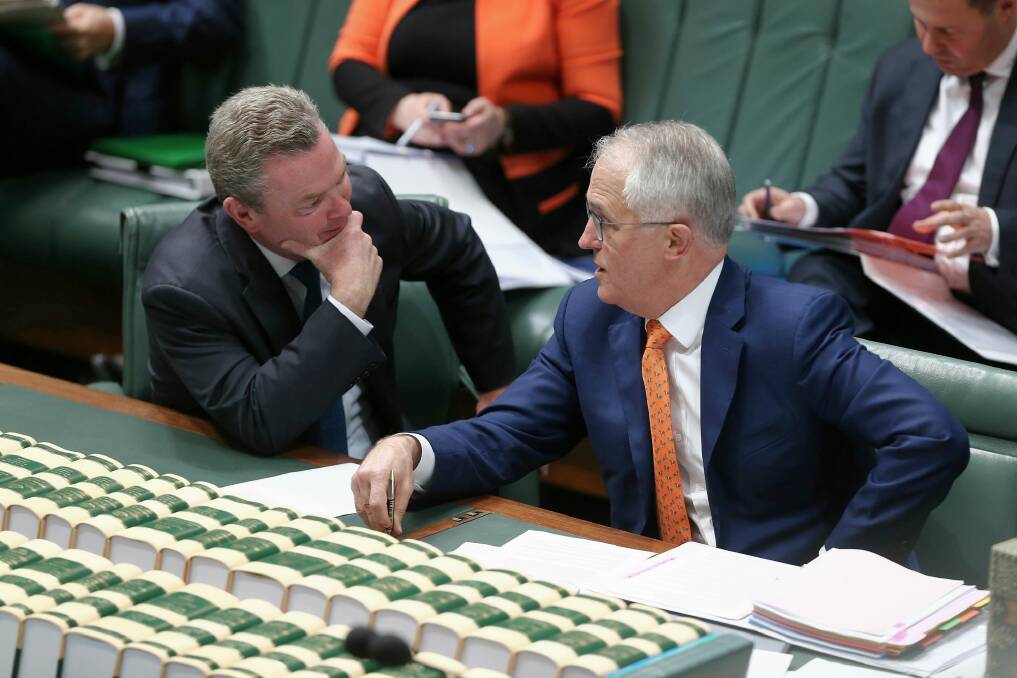 Prime Minister Malcolm Turnbull with Defence Industry Minister Christopher Pyne during question time  on Monday. Photo: Alex Ellinghausen