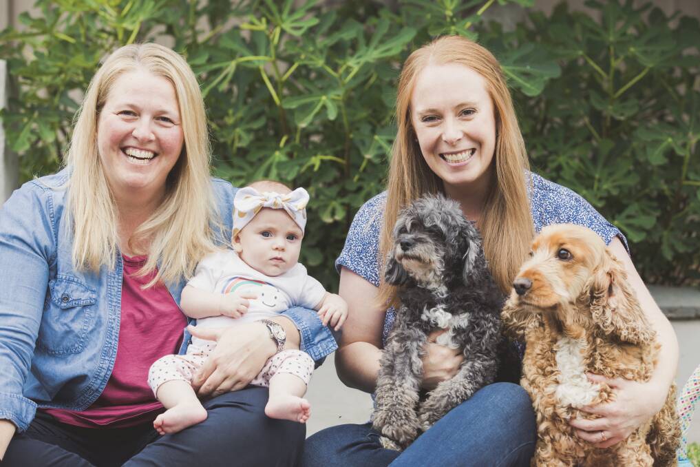 ACT Woman of the Year Emma Sckrabei, (left) with her partner Jess Cronin, their daughter Ava, almost five months, and their dogs Pearl and Lulu. Photo: Jamila Toderas