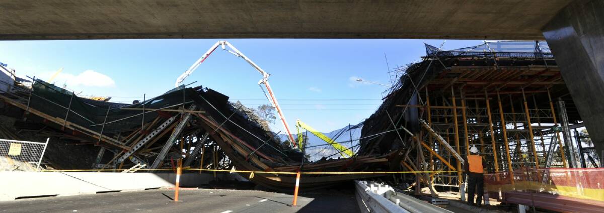 The scene of a bridge which collapsed on the Gungahlin Drive Extension, over Barton Highway in North Canberra. 14th August 2010. Photo by Lannon Harley. Photo: Lannon Harley