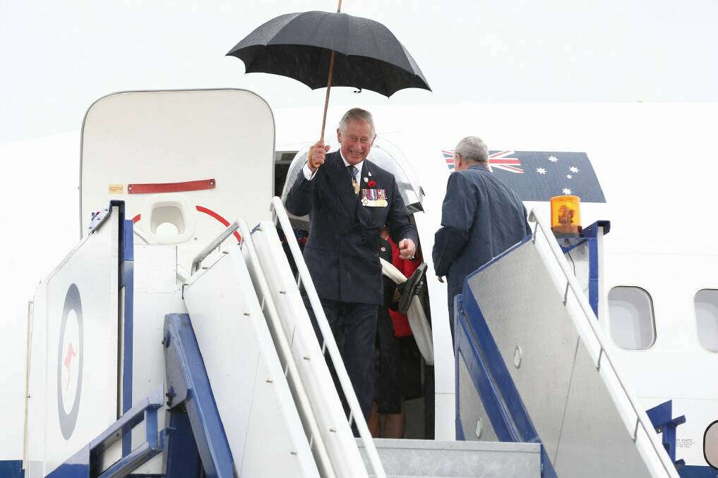 Prince Charles arrives at RAAF Fairbairn in Canberra. Photo: Alex Ellinghausen