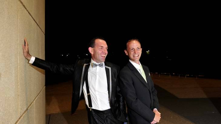 First up: Joel Player and Alan Wright who were due to marry in Canberra at 12.01am on Saturday. Photo: Melissa Adams