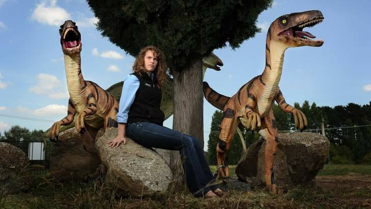 Morgan Burgess from the Dinosaur Museum stands where a raptor dinosaur was stolen last week. Photo: Colleen Petch