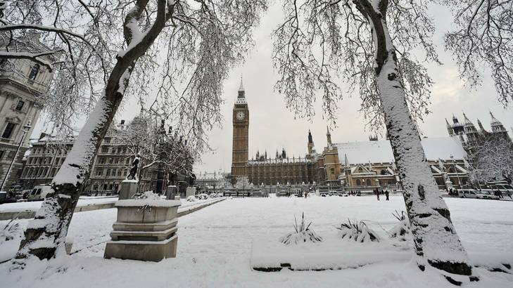 London under snow during Christmas time.
