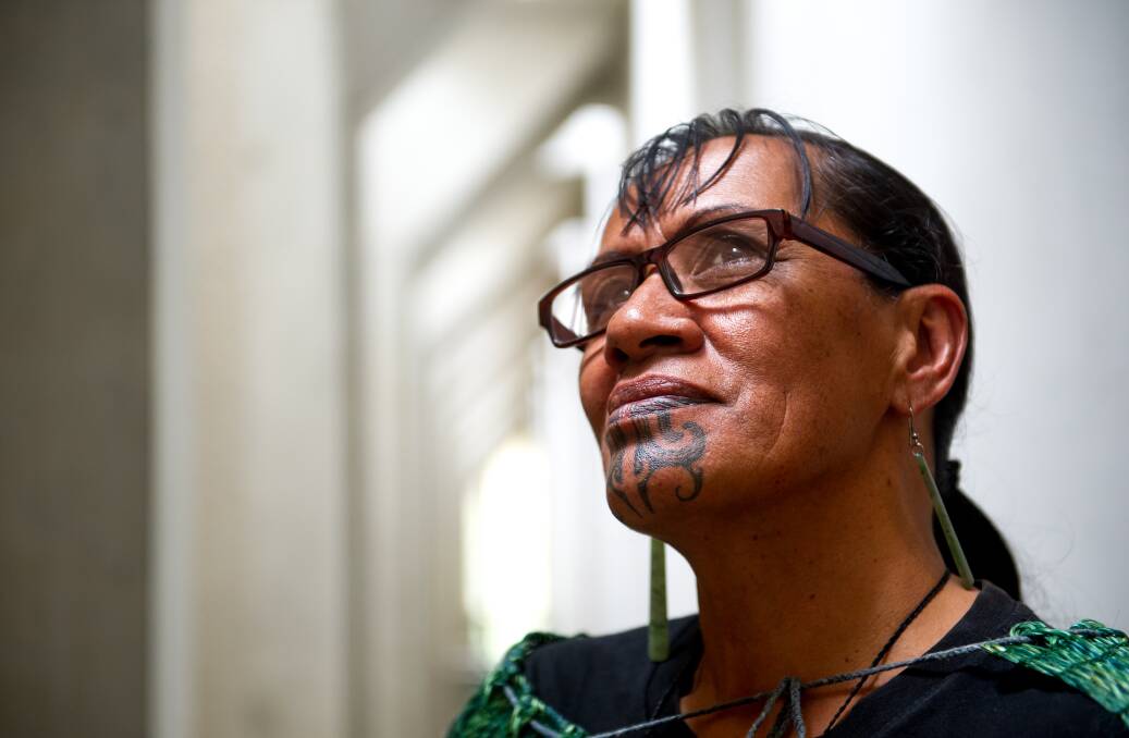 Student weaver from New Zealand Waitangi Marks at the  launch of <i>Māori Markings: Tā Moko</i> at the National Gallery of Australia.  Photo: Elesa Kurtz