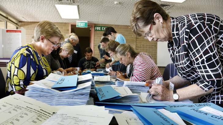 Elections ACT Staff members continue counting ballots at the ACT Electoral Office in Belconnen. Photo: Jeffrey Chan