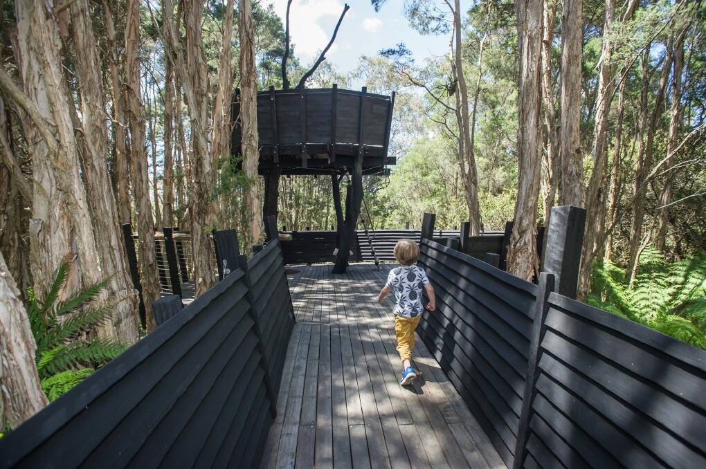 Gus Fabrellas, 3, tries out the new tree house.
 Photo: Karleen Minney