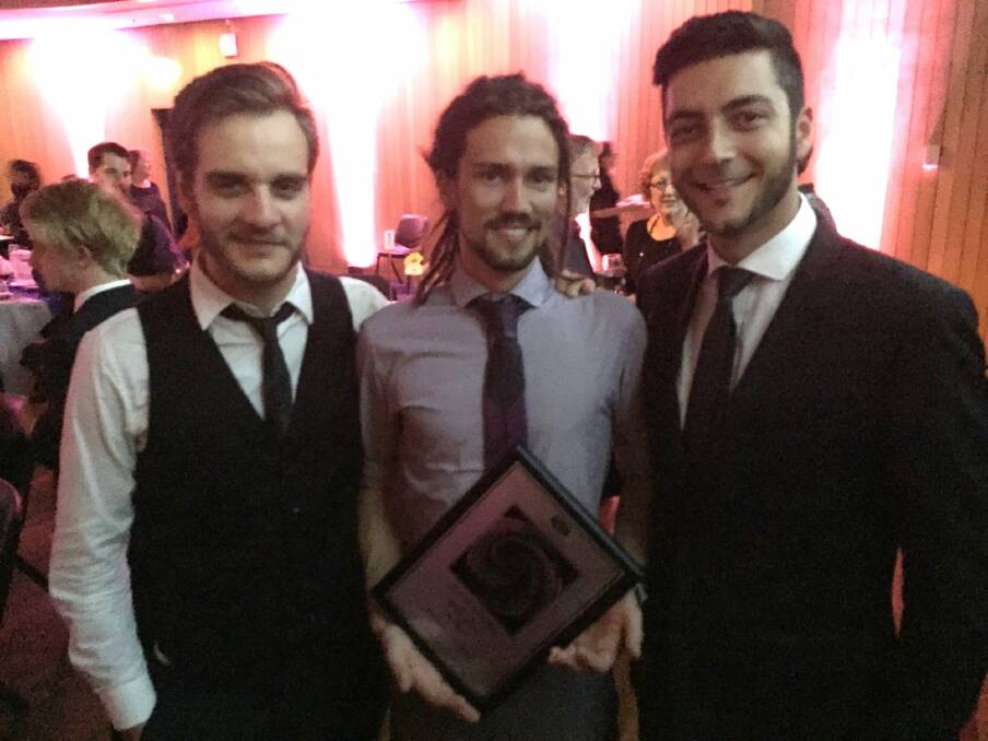 Nik Wansbrough, Michael O'Rourke and Sam Dignand, the trio behind short film Girl + Ghost at the Australian Cinematographers Society Awards. Photo: Supplied