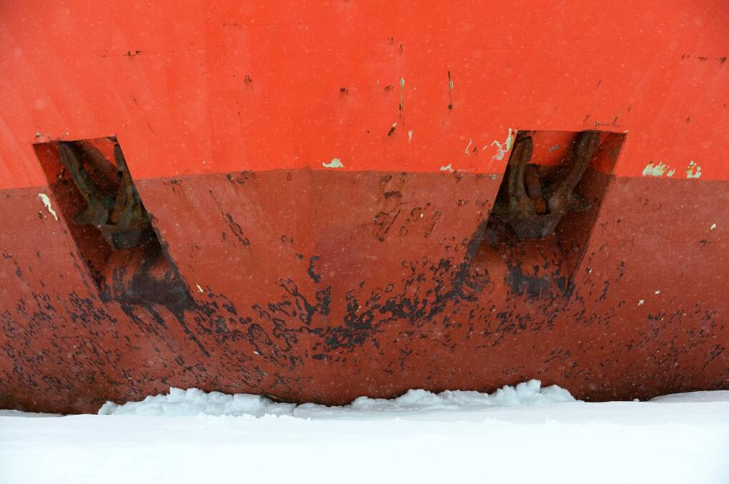 Tony Fleming, "Bow of the 'Aurora Australis' Australia's research and resupply icebreaker" (2012) in "Antarctica" at Photoaccess. Photo: act\ron.cerabona