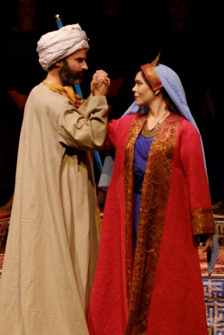 The King (Tobias Cole, left) and Esther (Janet Todd) deliver a beautiful duet in <i>Esther</I>. Photo: Hou Leong