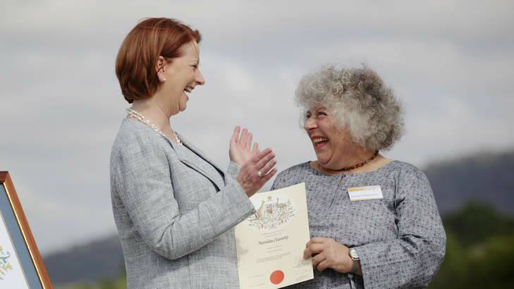 Prime Minister Julia Gillard welcomes actress Miriam Margolyes, as a new citizen of Australia. Photo: Alex Ellinghausen