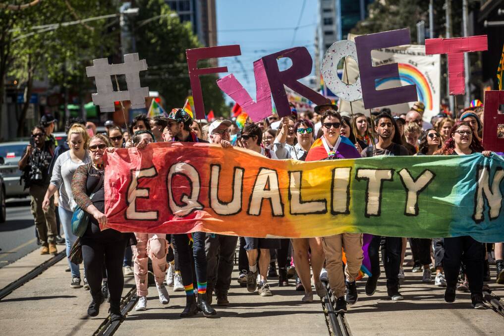 Marriage equality marchers in Melbourne in 2016.  Photo: Craig Sillitoe