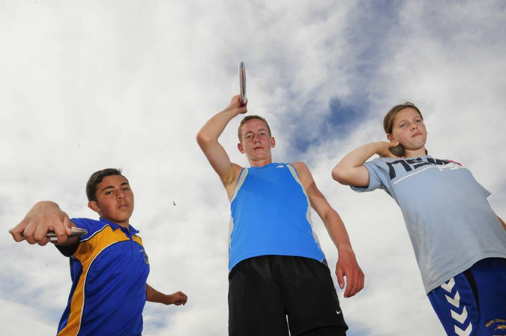 Taumasina Amon,13, of Michelago, Joseph Kremer,15, of Goulburn, and Kiarna Woolley-Blain,12, of Merimbula, will represent the ACT at the Australian Little Athletics Championships in Perth. Photo: Melissa Adams
