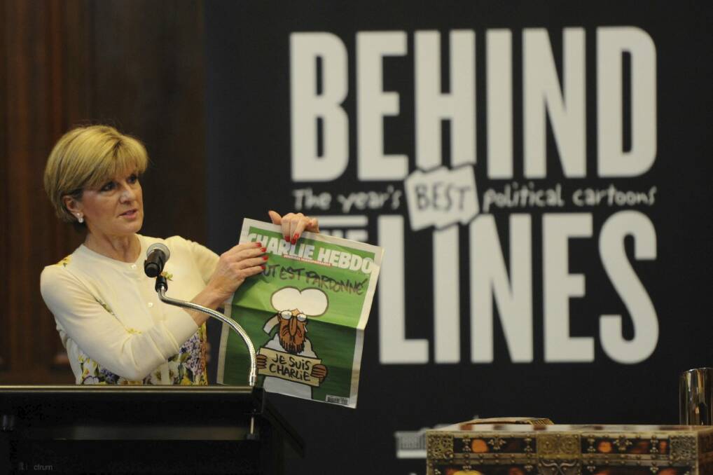 Foreign Affairs Minister Julie Bishop launches Behind the Lines 2015: The year's best political cartoons at the Museum of Australian Democracy at Old Parliament House on Thursday.  Photo: Graham Tidy