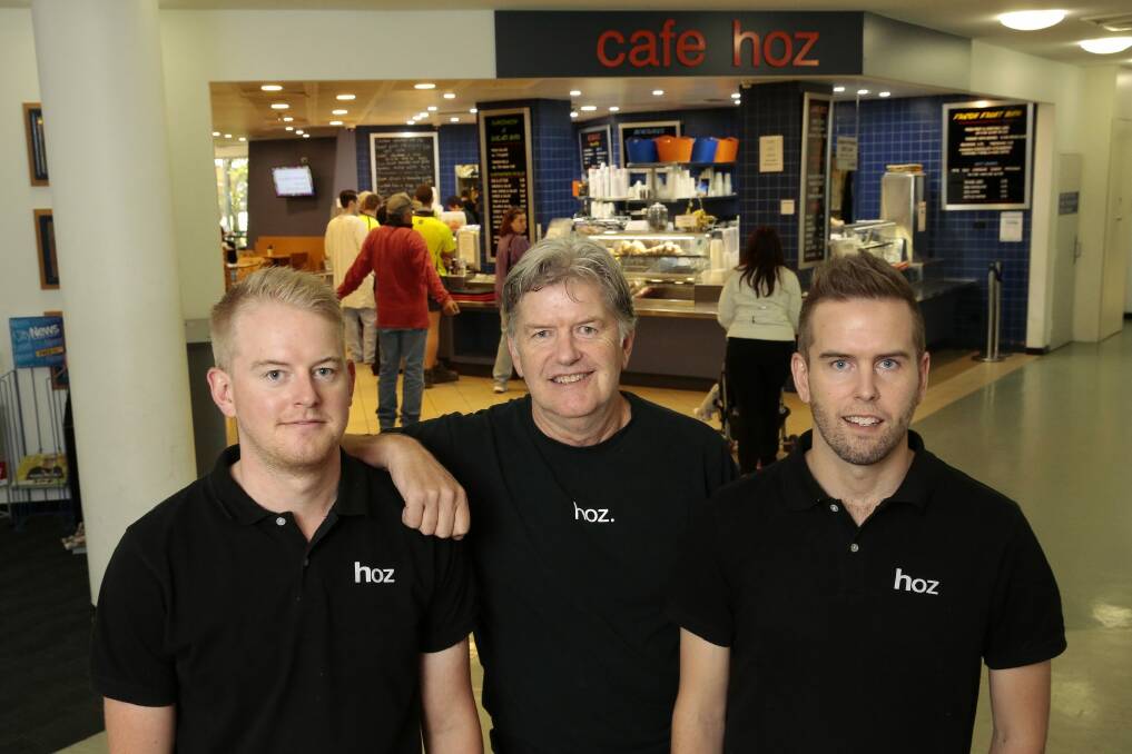 Cafe Hoz owner Richard Butler, centre, with sons Charlie Butler, left, and Henry Butler, right, who finish up a "terrific" 20 years of operating the cafe at Canberra Hospital on May 1 after losing the tender. Photo: Jeffrey Chan