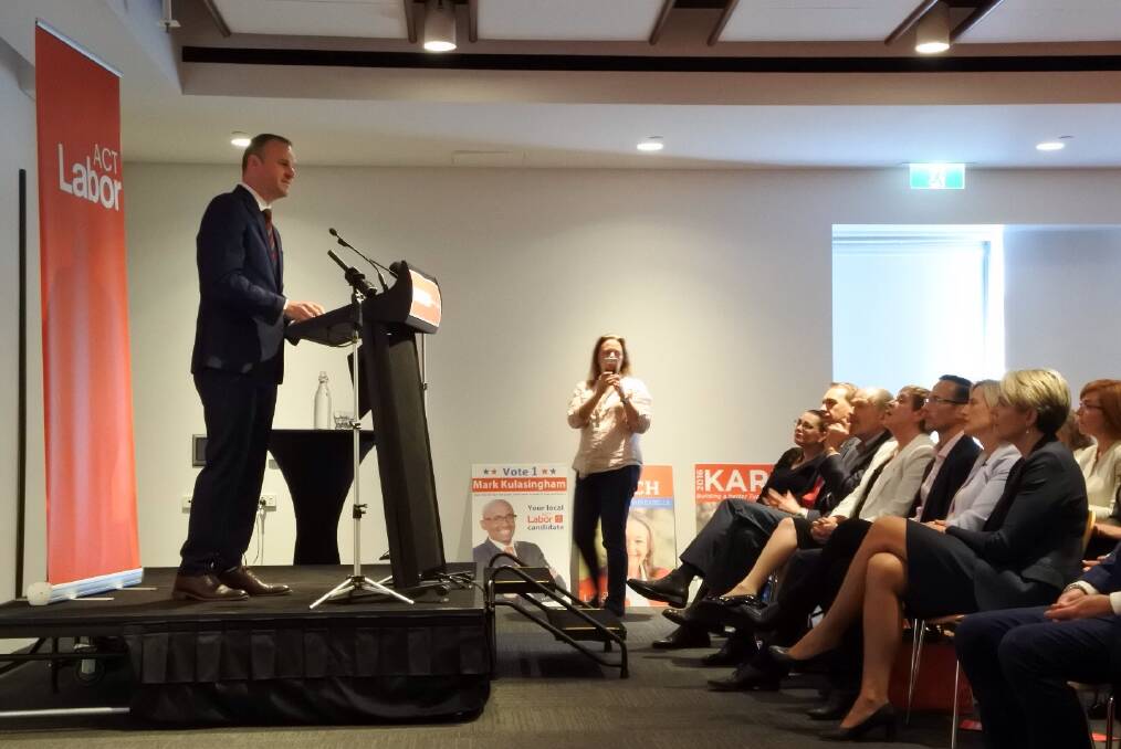 Andrew Barr addresses the ACT Labor faithful at the party's election launch on Saturday, as acting federal Labor leader Tanya Plibersek watches on. Photo: Matthew Raggatt