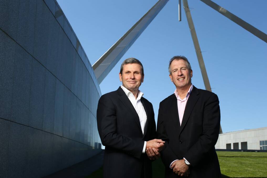 Chris Uhlmann and Steve Lewis at Parliament House in Canberra. Photo: Andrew Meares