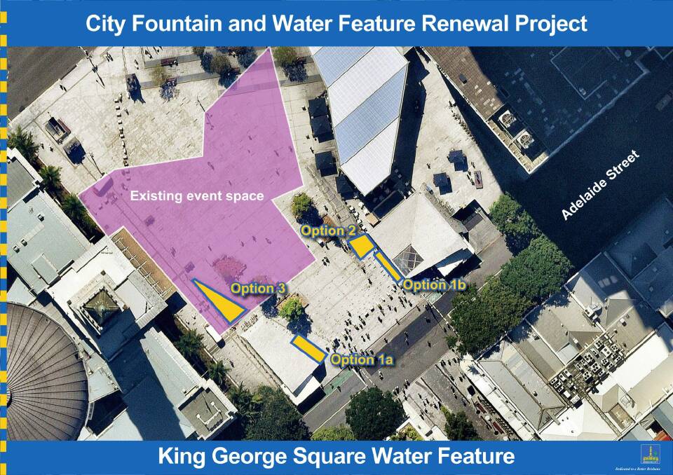 Proposed locations (yellow) for the fountain at King George Square. Photo: Supplied - Brisbane City Council