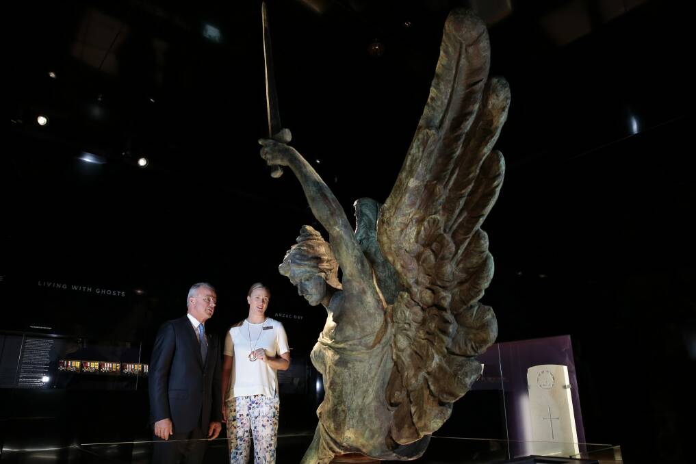 Australian War Memorial director Dr Brendan Nelson with First World War Galleries project director Katherine McMahon look at Winged Victory on display in the new galleries. Photo: Jeffrey Chan