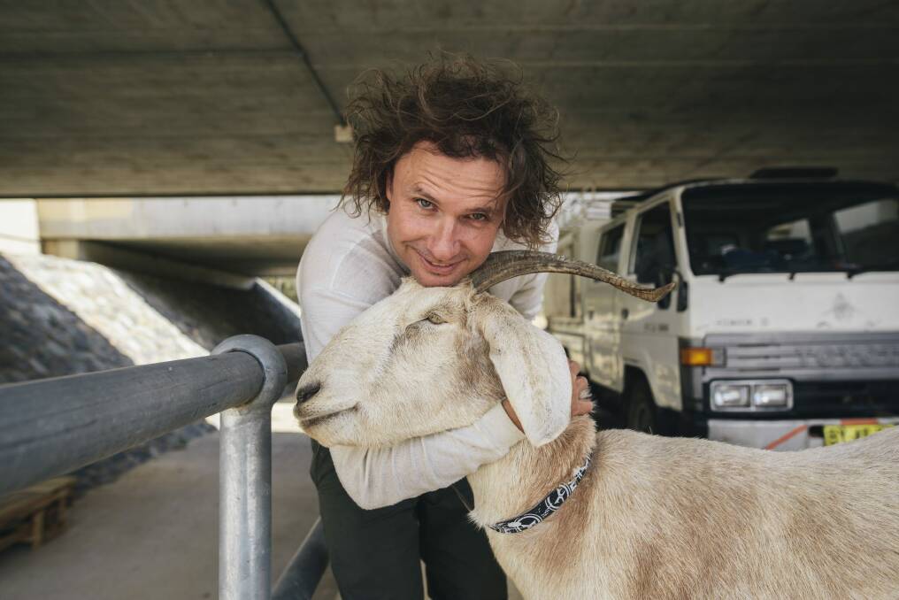 Jimbo Bazoobi with Gary the Goat who is in Canberra to gather 500 signatures for the Australian Electoral Commission so that he can start the Gary The Goat Party.  Photo: Rohan Thomson