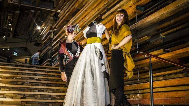Designer Jade Sargent, left, and Hustle&Scout market organiser Tegan McAuley wearing designs from Sargent's collection SOVATA. Photo: Jamila Toderas