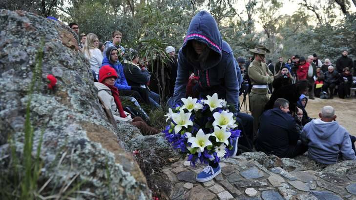 A wreath is laid at the ANZAC Day Aboriginal and Torres Strait Islander Commemoration Ceremony at Mount Ainslie. Photo: Jay Cronan
