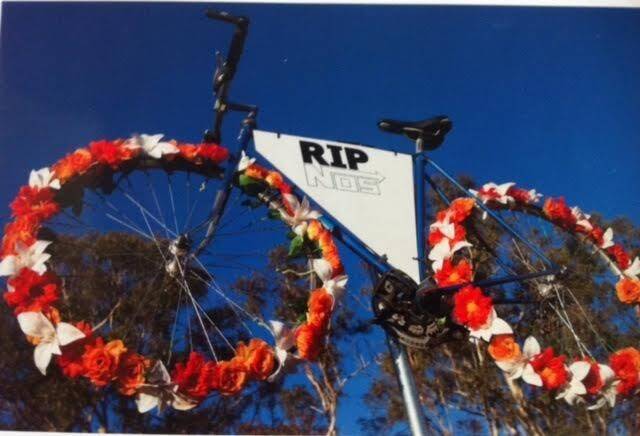 The memorial bike on the Gungahlin Extension Drive in honour of Robbie Williams, who died suddenly from arrhythmia while cycling in 2012. Photo: Supplied