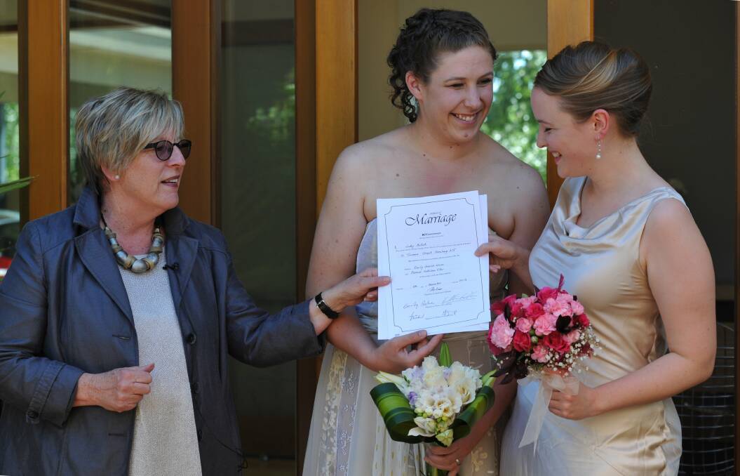 Judy Aulich marries Canberra women Ellie Filler and Emily Jehne in 2013. Photo: Graham Tidy