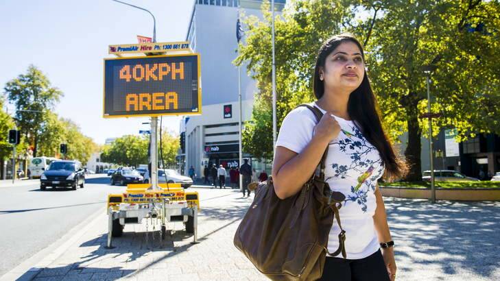 Pedestrian Dipti Patel from Watson is in favour of the new 40km/h speed limits. Photo: Rohan Thomson