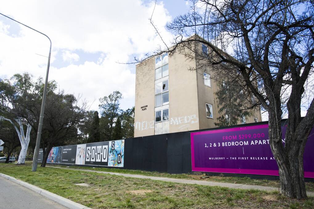 Signage for the Soho development along Northbourne Avenue in September 2018. The development is now subject to an ACT Civil and Administrative Tribunal appeal launched by the North Canberra Community Council. Photo: Elesa Kurtz