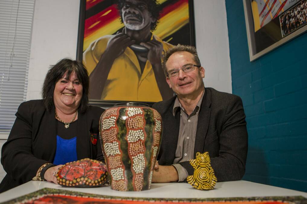 Former Chief Minister Jon Stanhope at his new workplace, the Winnunga Nimmityjah Aboriginal Health Service, with chief executive Julie Tongs, left.
 Photo: Jamila Toderas