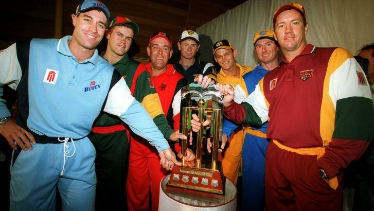 Michael Bevan of NSW, Jamie Cox of Tasmania, Darren Lehmann of South Australia, Paul Reiffel of Victoria, Adam Gilchrist of Western Australia, Rod Tucker of Canberra and Stuart Law of Queensland launch the 1999-2000 Mercantile Mutual Cup. Photo: Getty Images