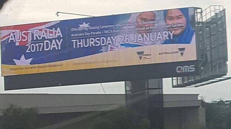 The controversial Australia Day billboard featuring two young girls in hijab.  Photo: Supplied