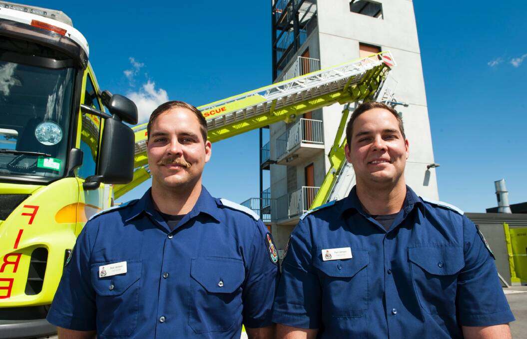 Twin brothers Dean and Paul Janssen also graduated from the ACT Fire & Rescue Recruit College. They are believed to be the first twins to make it through the gruelling program together.  Photo: Elesa Kurtz