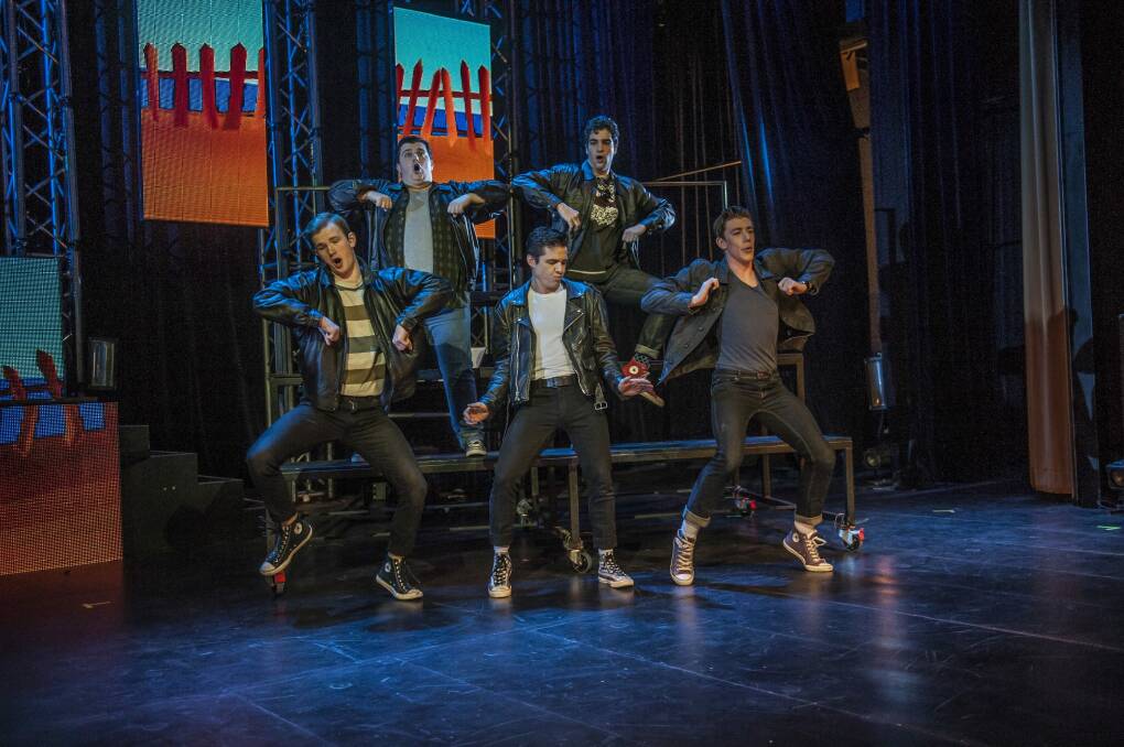 The rockers from Grease (from left) Kenickie (Liam Downing), Roger (Dave Collins), Danny Zuko (Marcus Hurley) Doody (Tristan Davies) and Sonny Latierri (Lachlan Agett). Photo: Karleen Minney