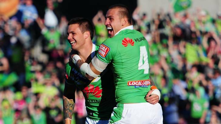 Canberra Raiders player, Sandor Earl celebrates with Blake Ferguson after scoring his second try. Photo: Melissa Adams