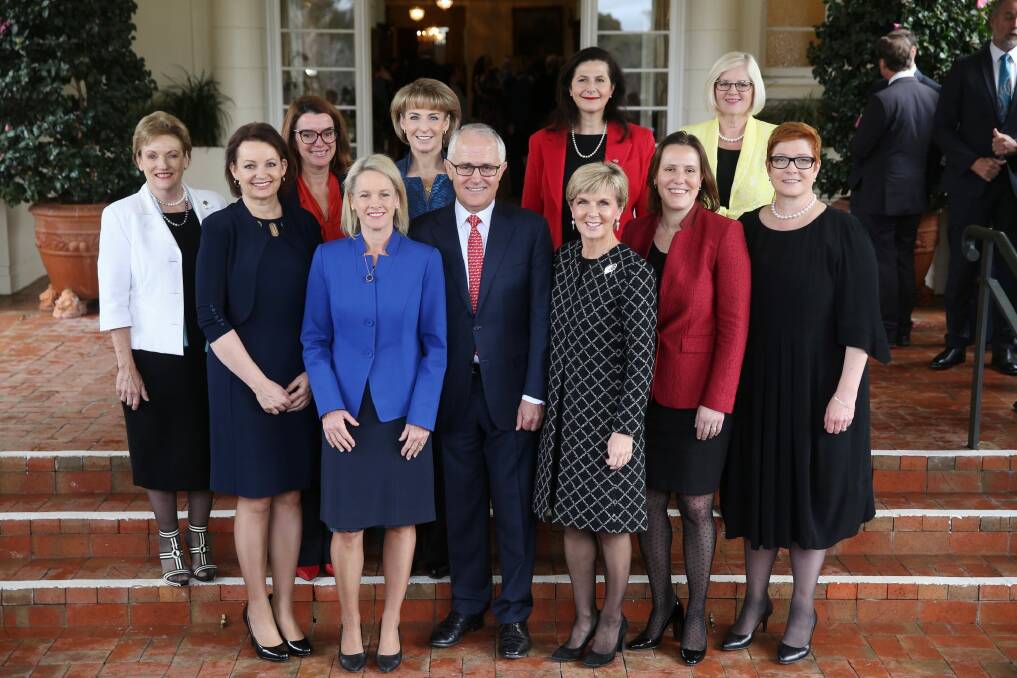 Prime Minister Malcolm Turnbull with female members of the ministry after the swearing in ceremony at Government House in Canberra on Tuesday 19 July 2016. Back row Jan Prentice Anne Ruston Michaelia Cash Concetta Fierravanti-Wells Karen Andrews Front row Sussan Ley Fiona Nash Malcolm Turnbull Julie Bishop Kelly O'Dwyer Marise Payne. Photo: Andrew Meares