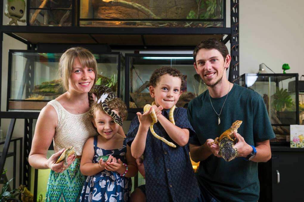 Emma Carlson and Luke Dunn with their kids Amelia Dunn, 2, and Hunter Dunn, 4, showing off their many pets. Photo: Dion Georgopoulos