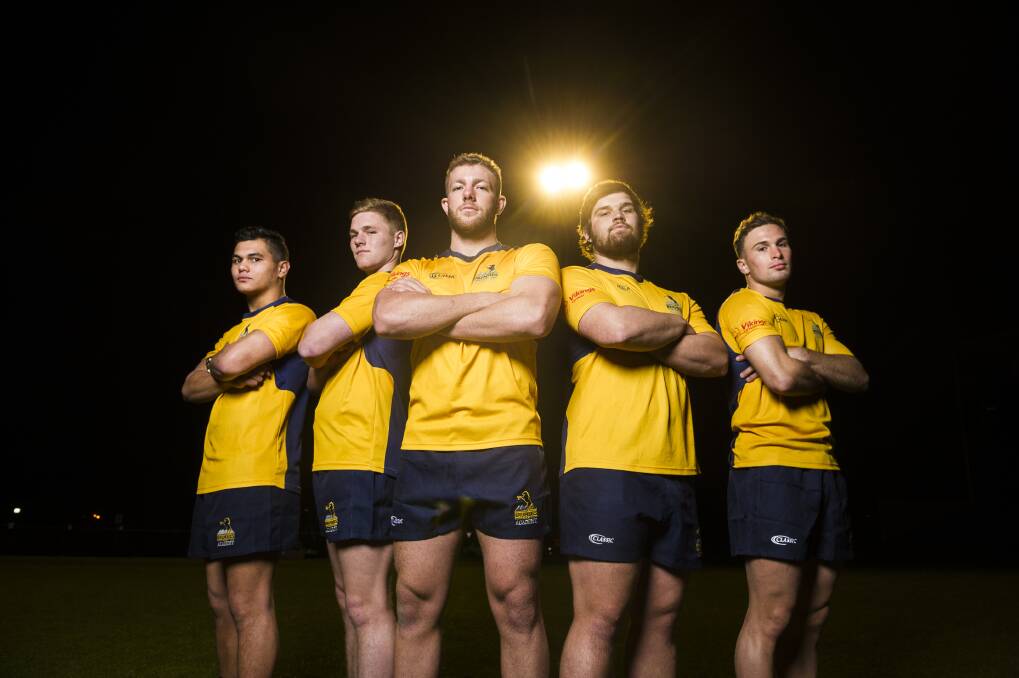 ACT Brumbies academy players, from left, Noah Lolesio, Seamus Smith, Angus Allen, Angus Wagner and William Goddard.  Photo: Dion Georgopoulos