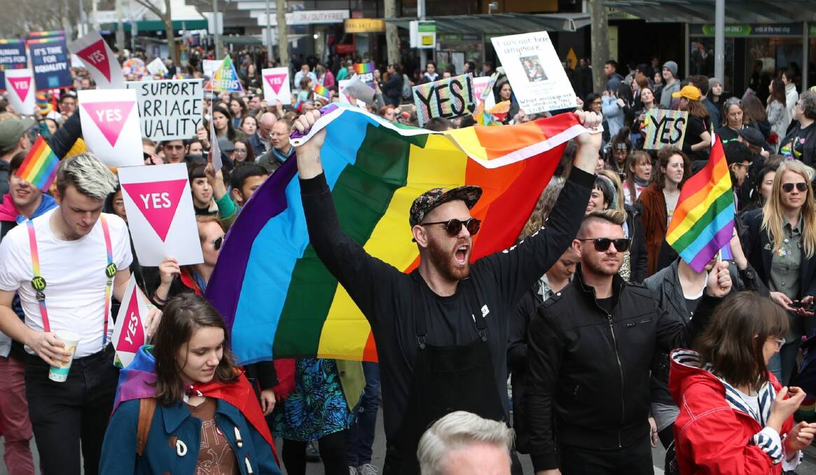 Same-sex marriage supporters rally in Melbourne. Photo: David Crosling