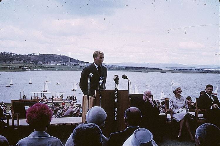 THE VISION: Interior Minister Doug Anthony speaks at the lake inauguration ceremony on October 17, 1964, as Prime Minister Sir Robert Menzies looks on.