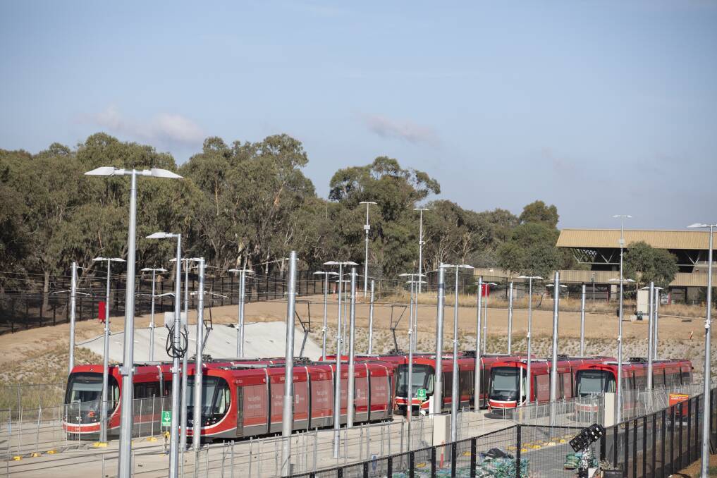 Light rail vehicles in the stabling yard at the Mitchell depot. Photo: Sitthixay Ditthavong