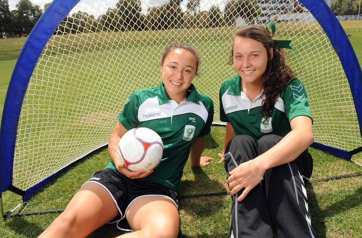 Canberra United's Hayley Raso, right, with teammate Jennifer Bisset. Photo: Gary Schafer