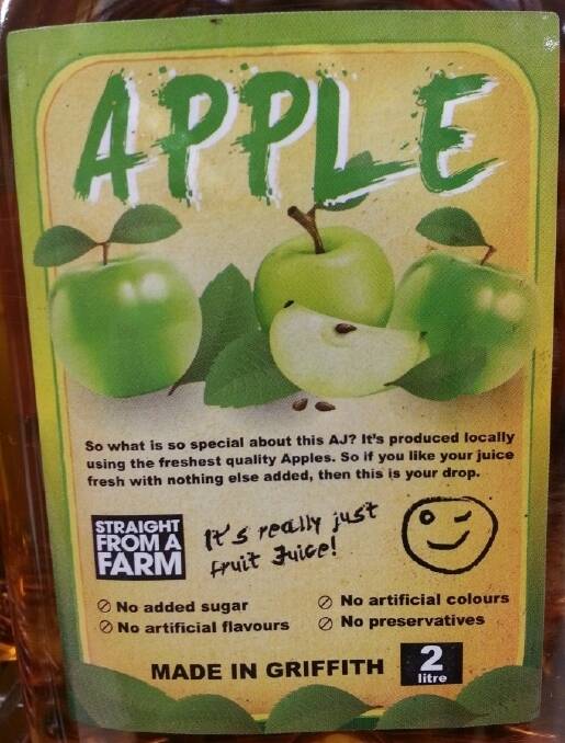 The apple juice was advertised as "straight from a farm" and locally produced in the NSW town of Griffith "using the freshest quality apples". Photo: Supplied