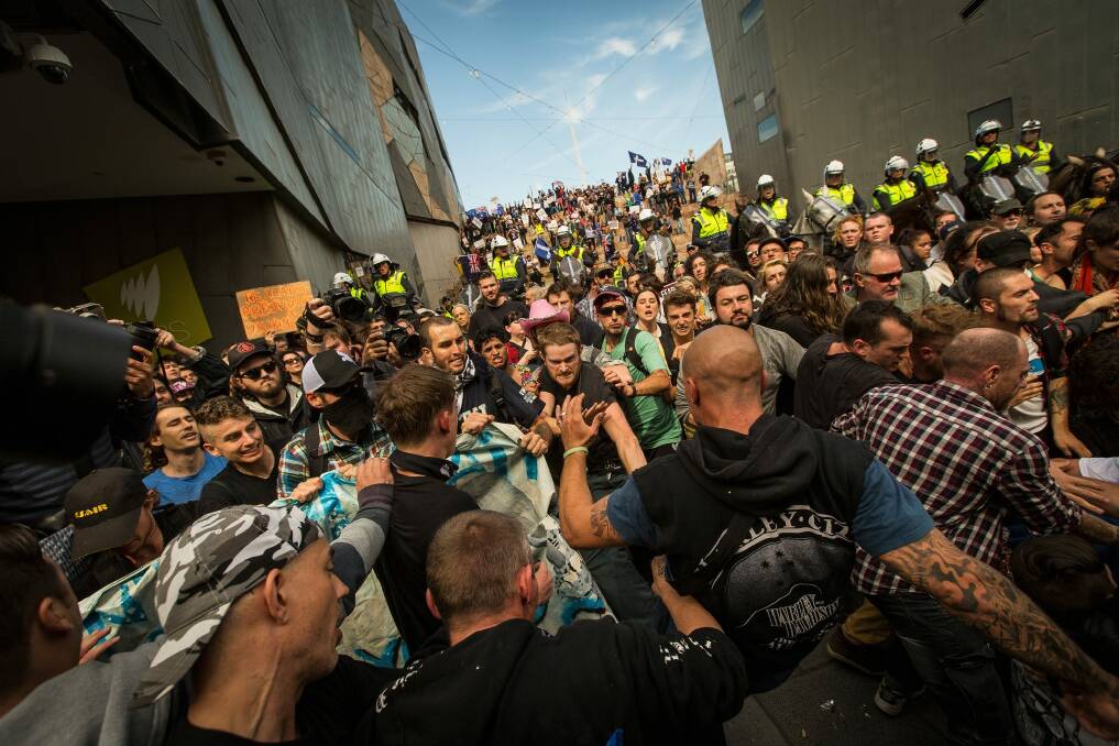 Rally against racism protesters clash with Reclaim Australia protesters at Federation Square in April. Photo: Chris Hopkins