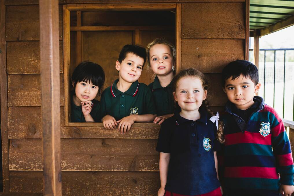 Canberra Girls Grammar is phasing out boys from 2020, however their Eearly Learning Centre will be expanding and remain co-ed. From left, Ashley Lu, Hunter Sheldon, Jessica Ryall, Victoria Carpenter, and Ayman Siddiqui, all 4-years-old. Photo: Jamila Toderas Photo: Jamila Toderas