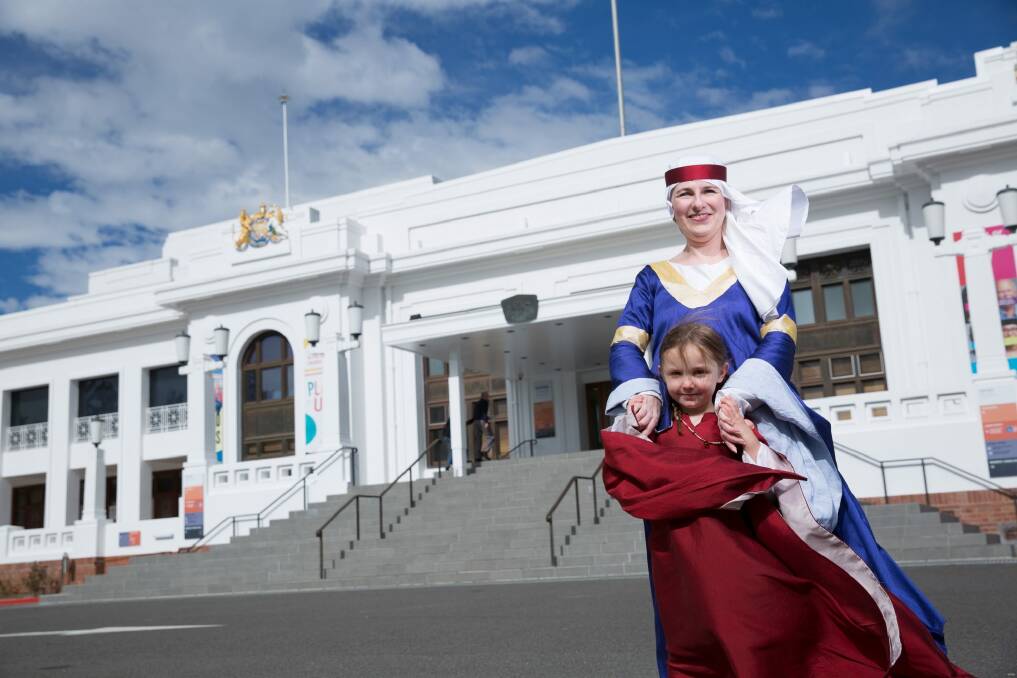 Meroe Cahill and Xanthe Meritt from the Society for Creative Anachronism get into the medieval spirit at Old Parliament House. Photo: Daniel Spellman