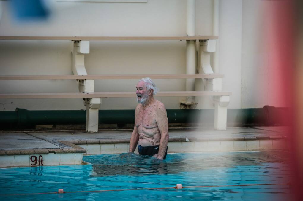 At the age of 94 Mervyn (Merv) Knowles does his daily laps of The Manuka Public swimming pool. He has been swimming there since its opening in 1931. Photo: Karleen Minney