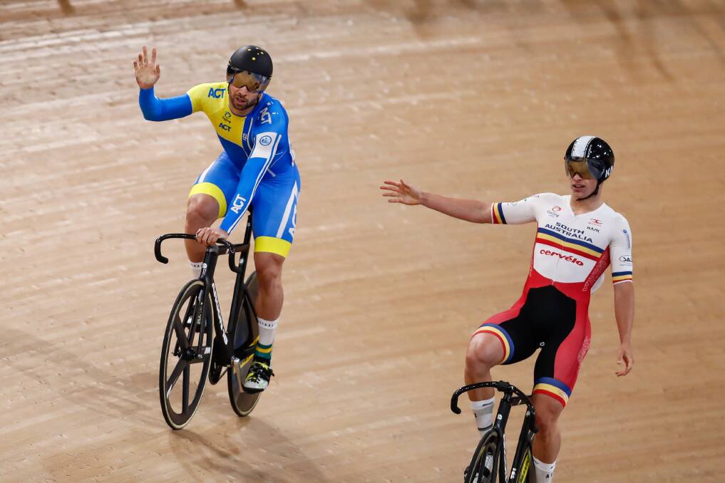 Nathan Hart, left, beat James Brister in the final of the men's sprint at the national track cycling championships in Brisbane on Thursday.  Photo: Con Chronis